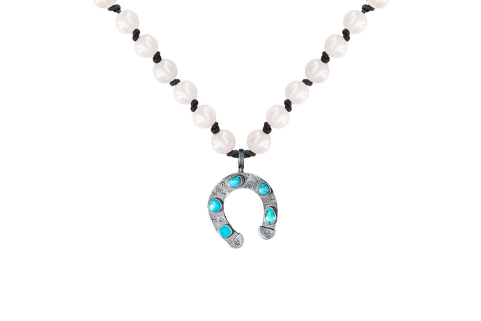 Turquoise Silver Horseshoe Pearl Necklace