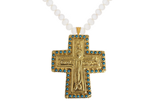 Load image into Gallery viewer, Gold Pearl and Turquoise Cross Necklace