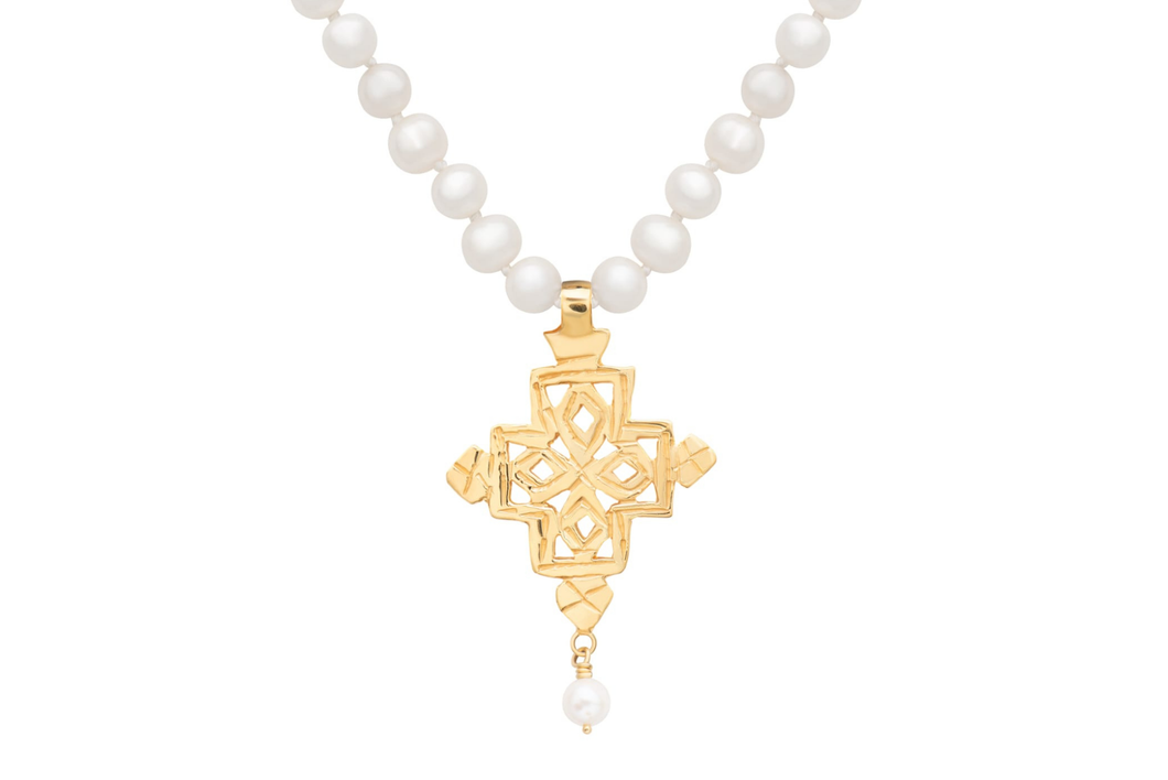Gold Coptic Cross Pearl Necklace