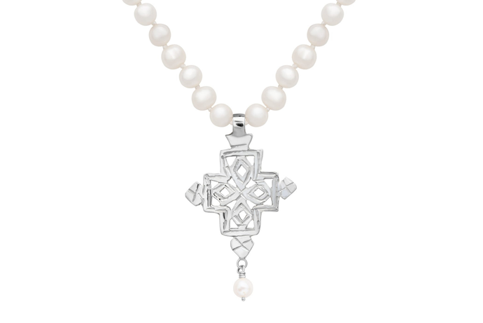 Silver Coptic Cross Pearl Necklace