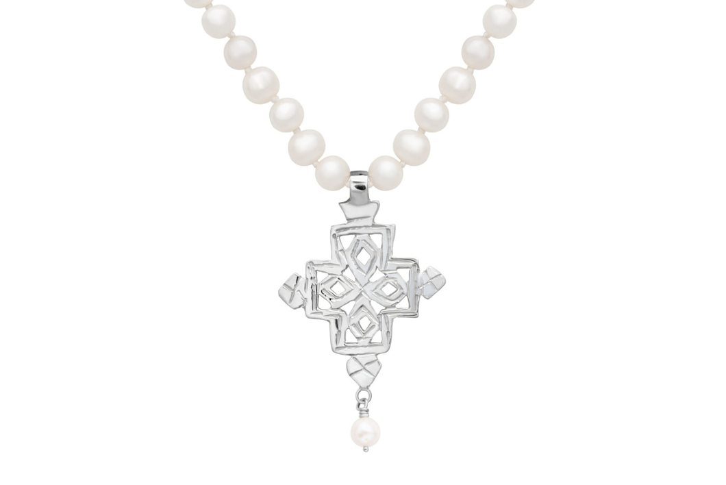 Silver Coptic Cross Pearl Necklace