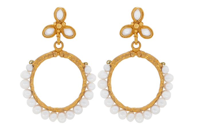 Gold Pearl Hoop and Flower Earrings