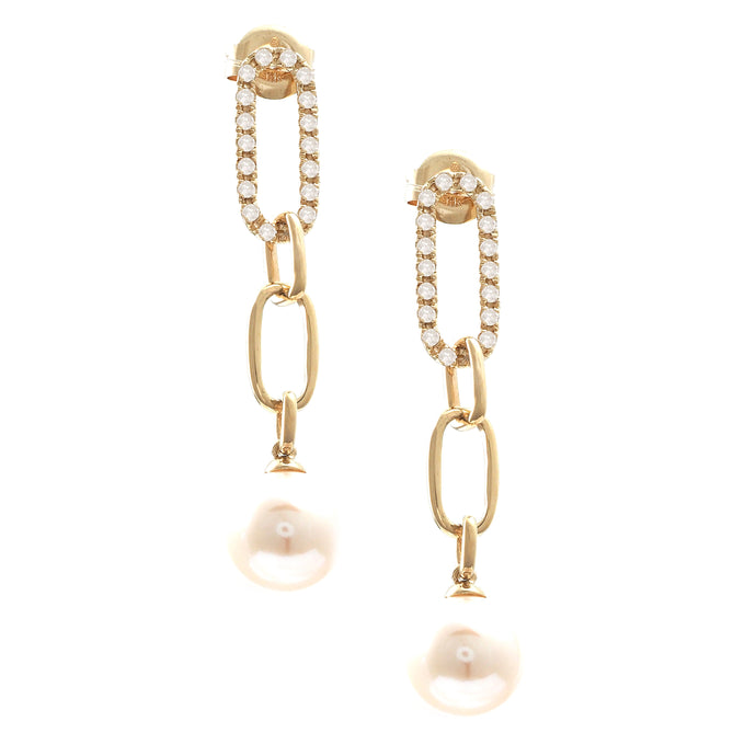 Gold Double Paperclip Diamond Earrings with Pearl