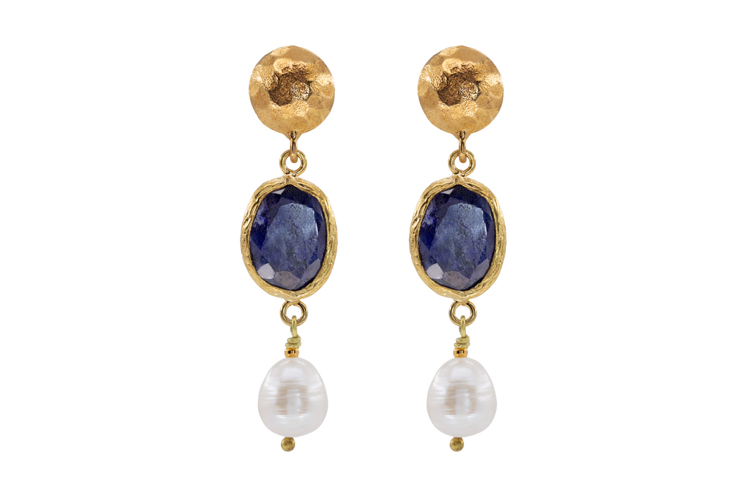 Gold Blue Sapphire and Pearl Dangle Earrings
