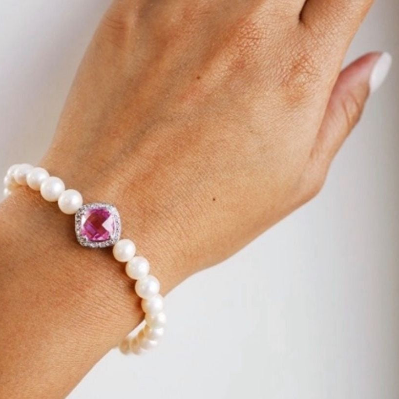 Diamond and Pink Sapphire Pearl Bracelet