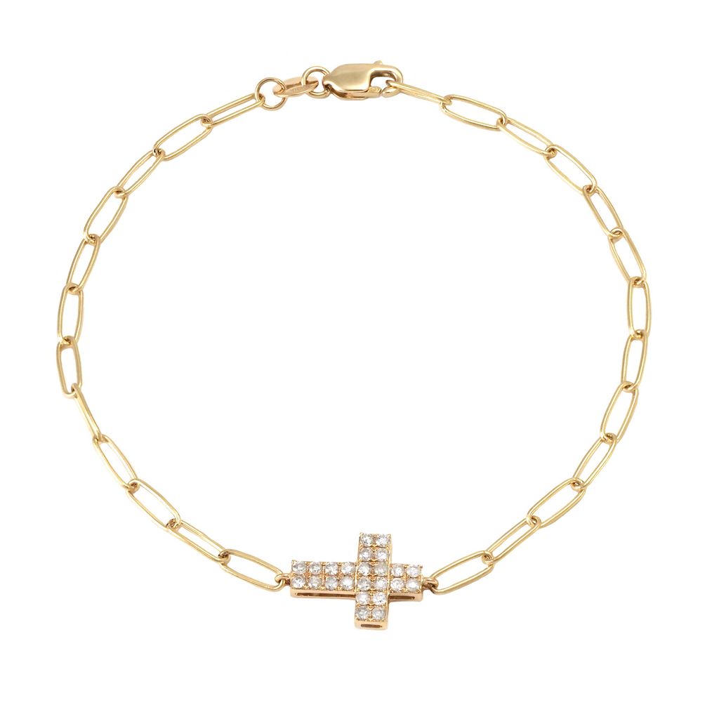 Gold Paperclip Diamond Cross Bracelet