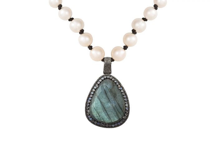 Labradorite Rough Cut Diamond Pearl Necklace