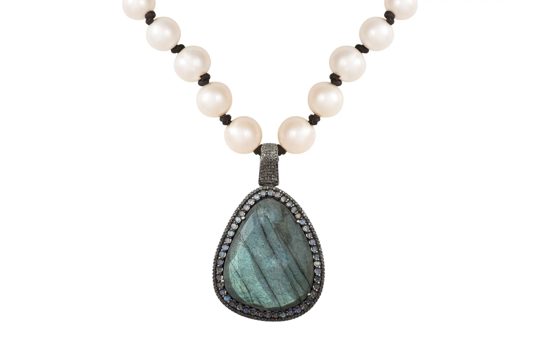 Labradorite Rough Cut Diamond Pearl Necklace