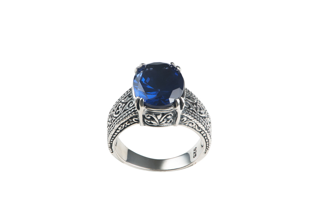 Sterling Silver Embellished Dark Blue Crystal Ring