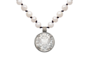 Diamond Double Headed Eagle Coin and Pearl Necklace