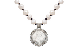 Diamond Double Headed Eagle Coin and Pearl Necklace