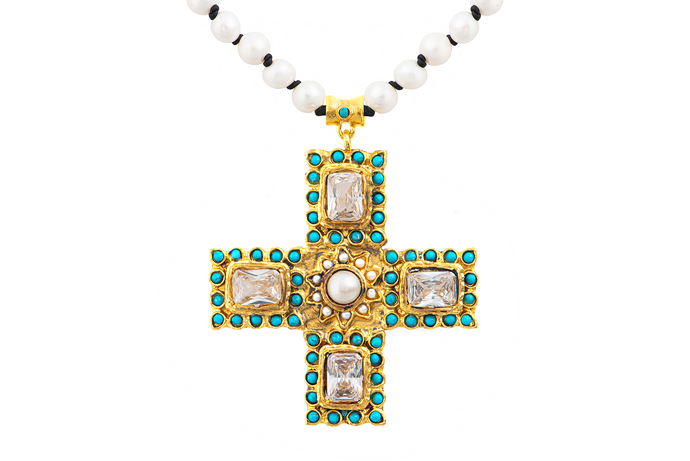 Gold Crystal and Turquoise Cross Necklace