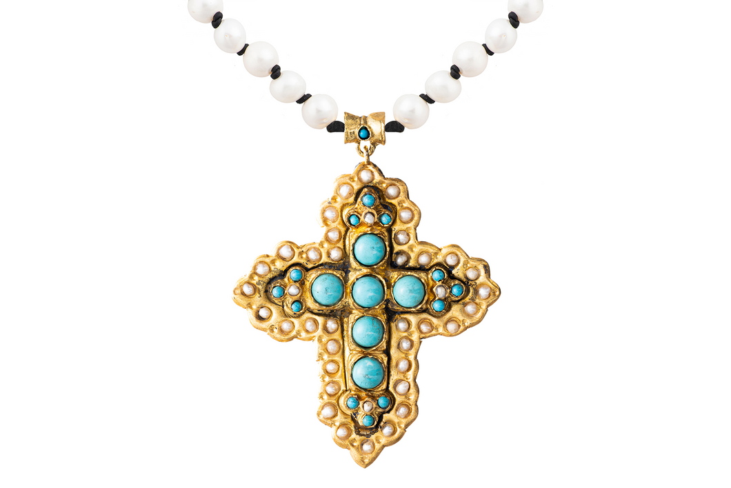 Gold Pearl and Turquoise Cross Necklace