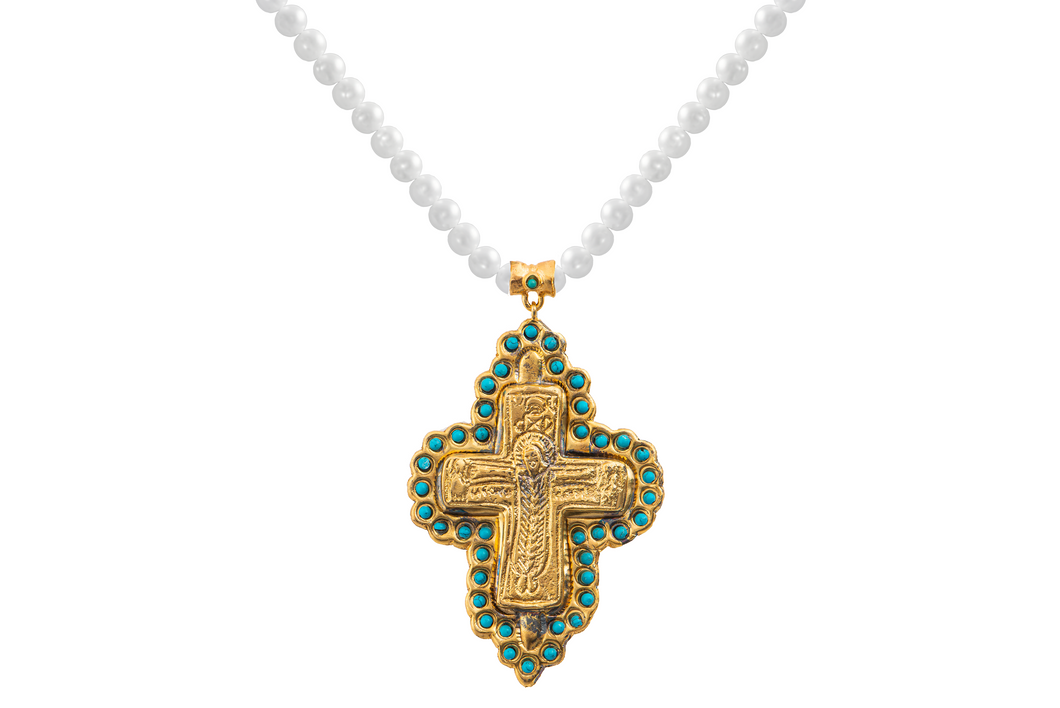 Gold Pearl and Turquoise Cross Necklace