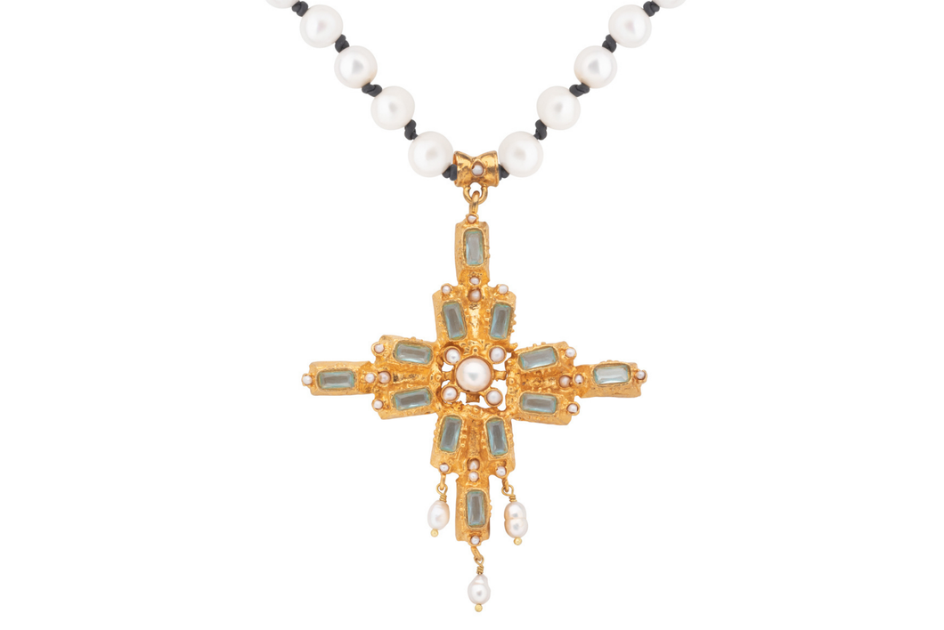 Aquamarine Antiqued Cross Necklace