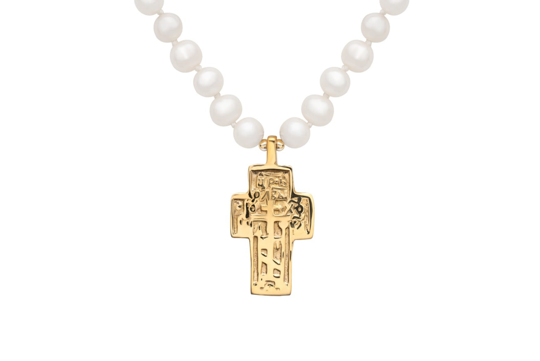 Medieval Gold Cross Pearl Necklace