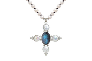 KAS Labradorite Silver Pearl Cross Necklace