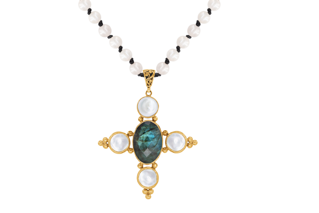 KAS Labradorite Gold Pearl Cross Necklace