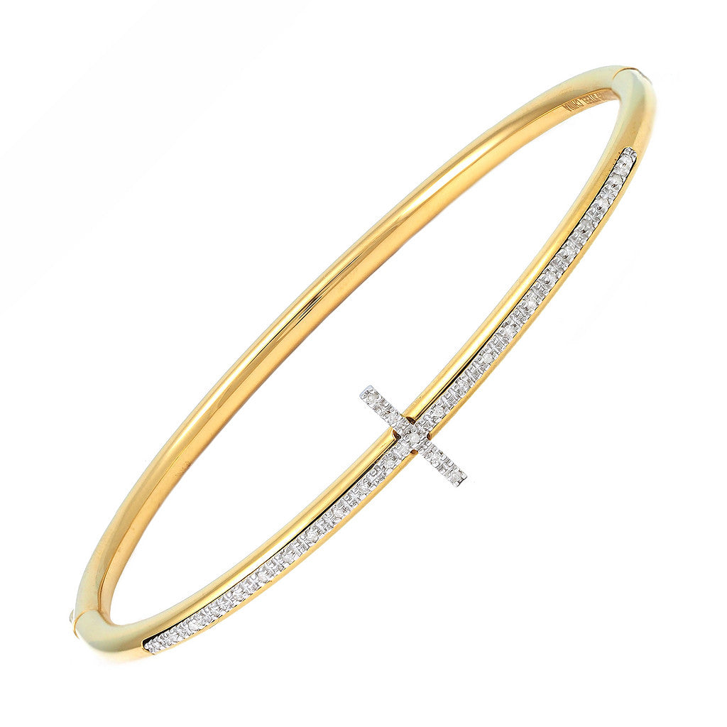 Stainless Steel Yellow Gold Colored Diamond Cross Bangle