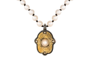Antiqued Hamsa with Pearl Necklace