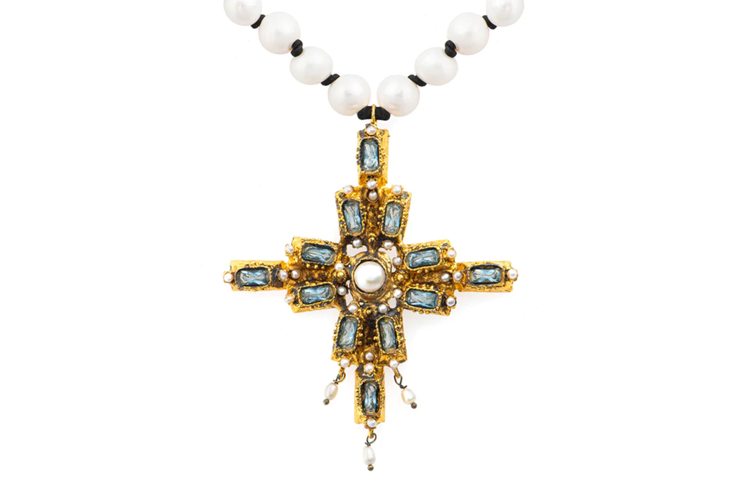 Aquamarine Antiqued Cross Necklace