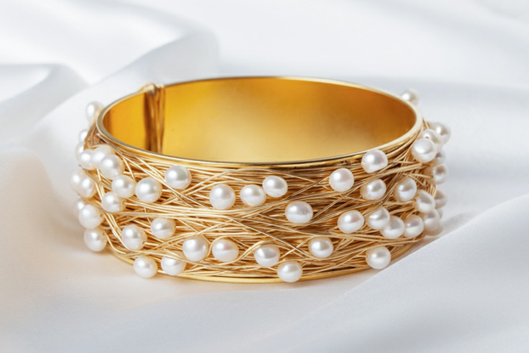 Gold Wire Wrapped Pearl Bangle