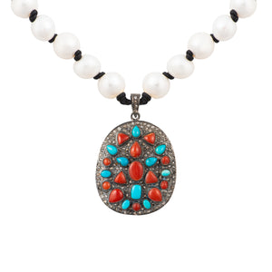 Rough Cut Diamond Turquoise and Red Coral Pearl Necklace