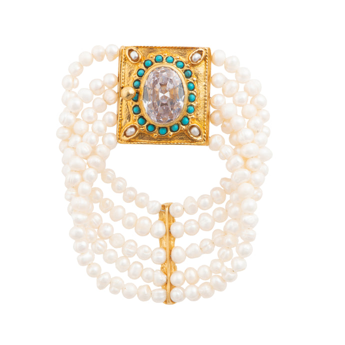 Antiqued Gold Crystal with Turquoise and Pearl Bracelet