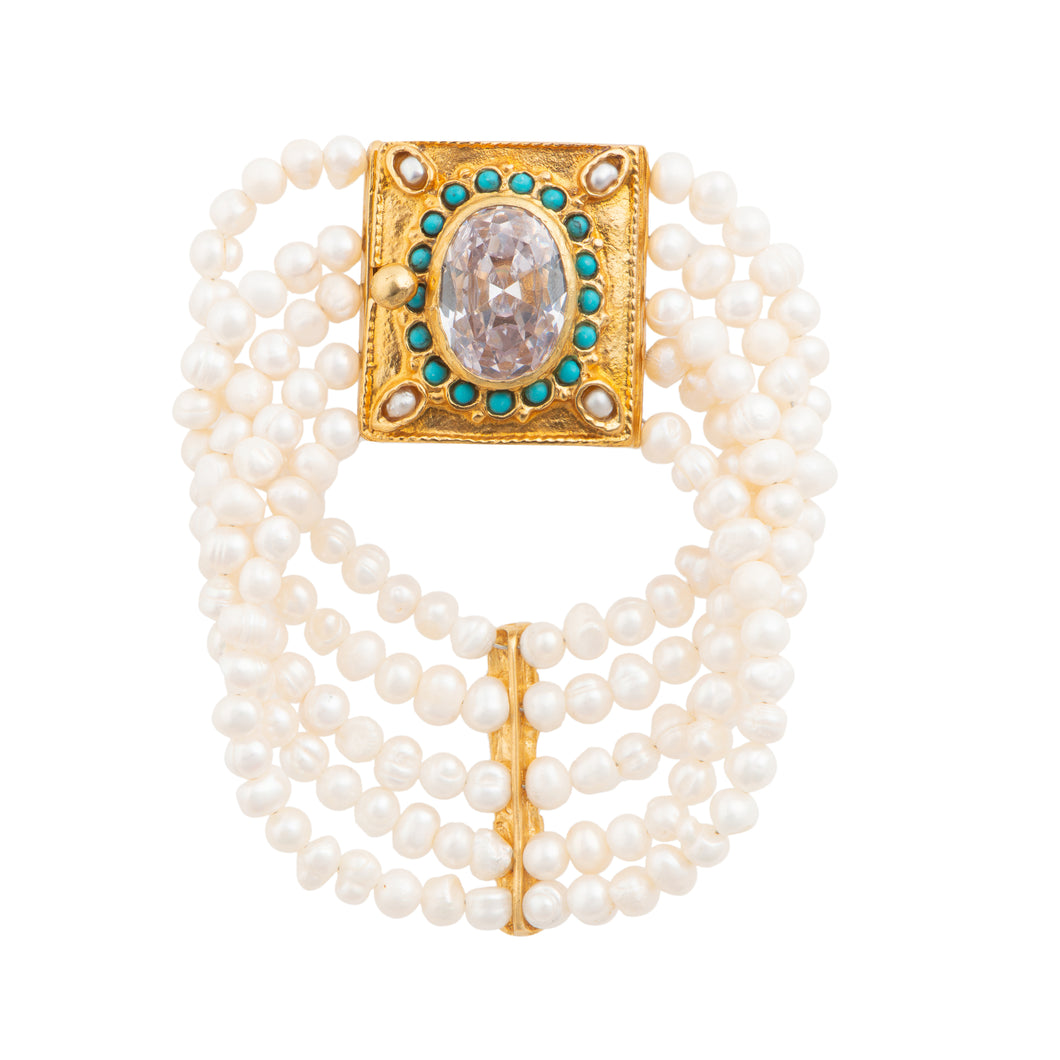 Antiqued Gold Crystal with Turquoise and Pearl Bracelet