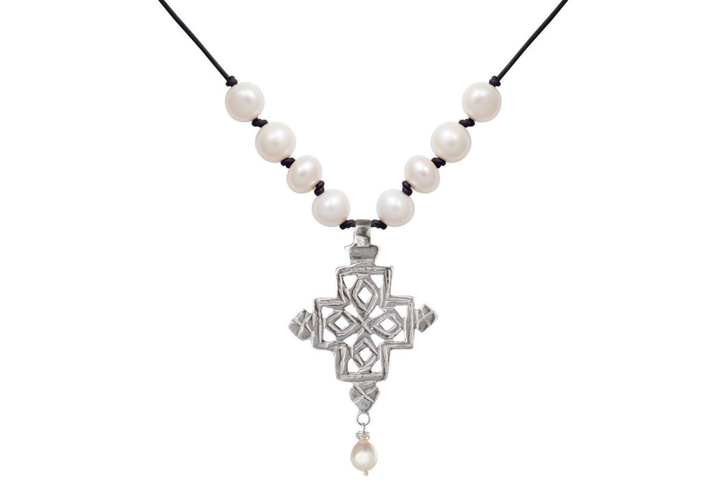 Silver Coptic Cross Pearl Necklace