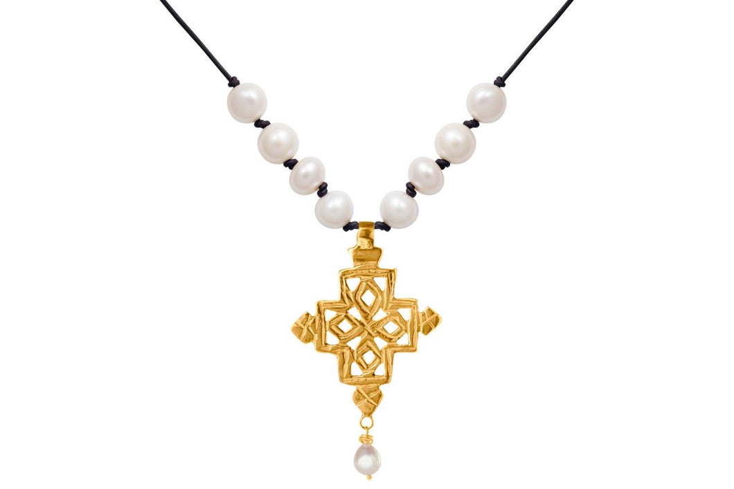 Gold Coptic Cross Pearl Necklace