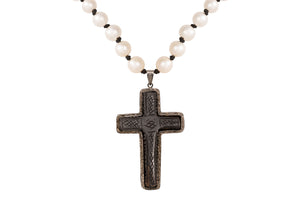 Petrified Wood Cross with Rough Cut Diamond Necklace