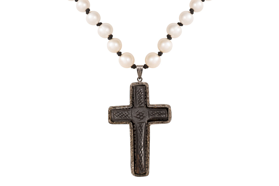 Petrified Wood Cross with Rough Cut Diamond Necklace
