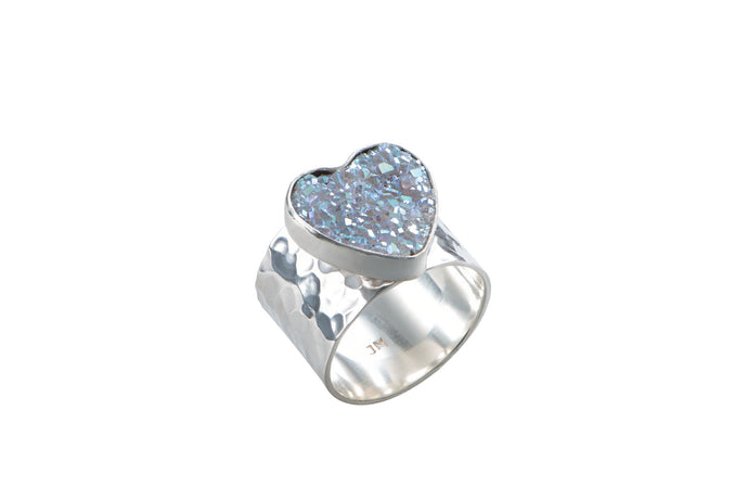 Silver Blue Druzy Heart Ring