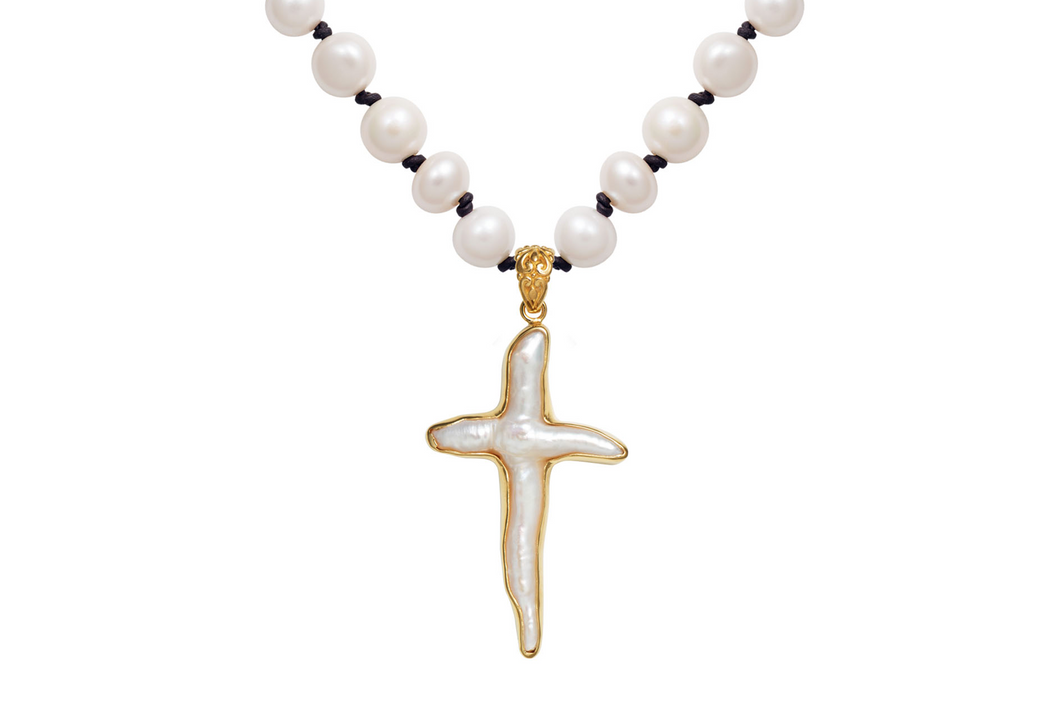 Signature Gold Cross Pearl Necklace