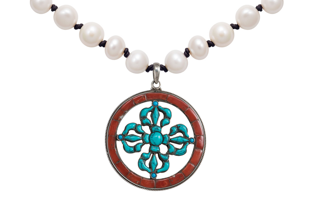 Turquoise and Red Coral Tibetan Cross Necklace