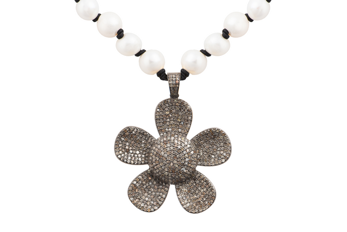 Rough Cut Diamond Flower Pearl Necklace